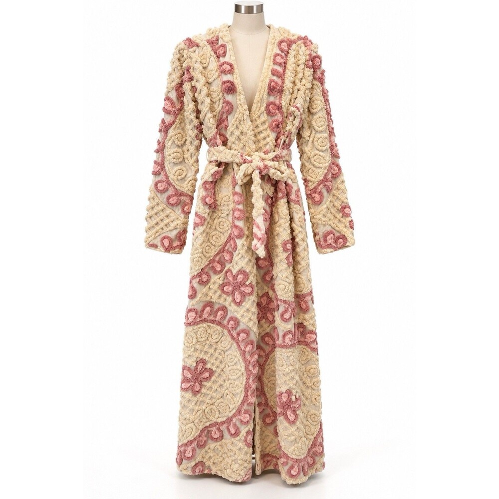 Rare Canyon Group Vintage Chenille Robe Pink Floral Embroidered Belted Maxi OS